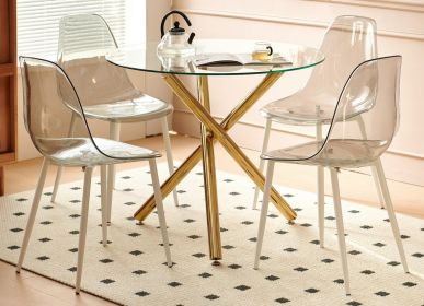 1+4,5pieces dining set, Table metal leg Mid-century Dining Table for 4-6 people With glass Table Top, Pedestal Dining Table